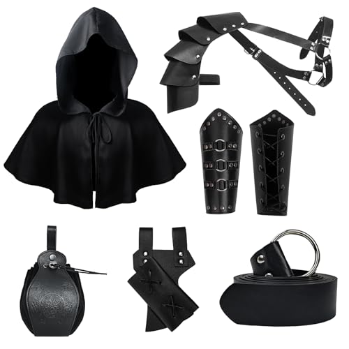 LLTTEER Mittelalter Ritter Zubehör Set für Herren,Mittelalter Umhang mit Kapuze, GüRtel und Armschienen,Gürtelbeutel Schwertholster und Trankflaschen, Leder Schulterpanzer für Cosplay (Schwarz) von LLTTEER