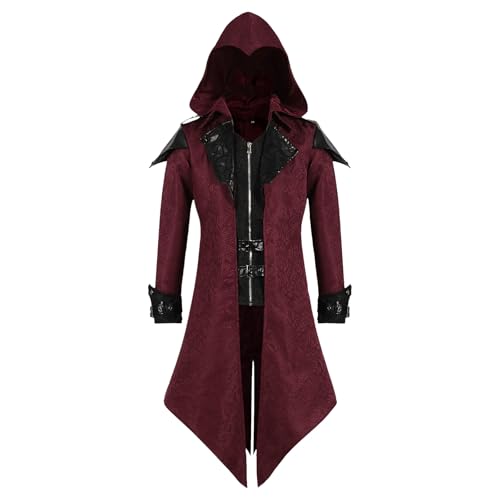 LLTTEER Mittelalterliche Steampunk Jacke mit Kapuze,Gothic Frack Herren Mantel,Mittelalter Mantel Herren Halloween Kostüm Renaissance Kleidung Vintage Frack Jacke (Rot, S) von LLTTEER