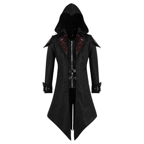 LLTTEER Mittelalterliche Steampunk Jacke mit Kapuze,Gothic Frack Herren Mantel,Mittelalter Mantel Herren Halloween Kostüm Renaissance Kleidung Vintage Frack Jacke (Schwarz, 2XL) von LLTTEER