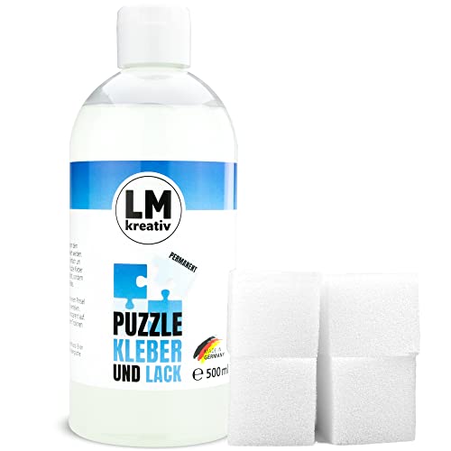 LM Puzzlekleber/Conserver & Lack 500 ml + 4 Schwämmchen - Transparent - zum Teile verkleben von großen & Kleinen Puzzles. Der Fixierer kann mit einem Schwamm oder Pinsel aufgetragen Werden von LM-Kreativ