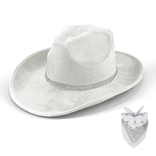 LMJFOR Cowboyhut mit Strass, Strass Cowgirl-Hut mit Bandana Damen für Halloween Weihnachten Junggesellinnenabschied Kostüme (weißer Strass Cowboyhut) von LMJFOR