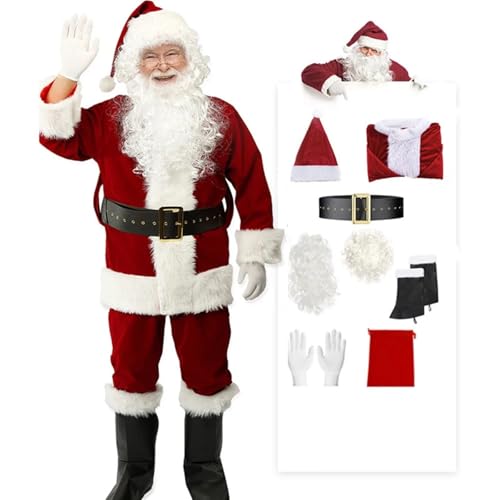 LMRHT Weihnachtsmannkostüm Weihnachten Santa Claus Cosplay Kostüm Komplette Sets Rot Weiß Uniform for Erwachsene Outfit Karneval Party Neue Jahr Weihnachten Kleidung Roleplay Santa Claus(9Pcs) von LMRHT