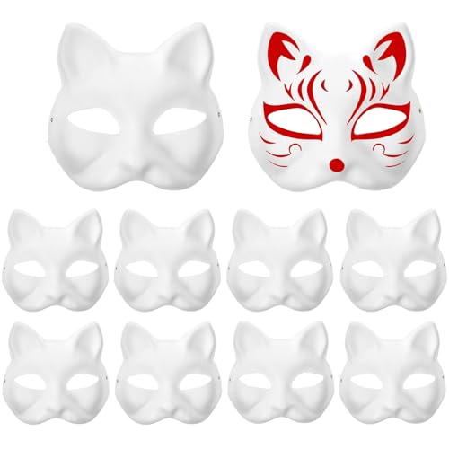 LMSHOWOWO 10 Stück DIY Katzenmaske, Therian Mask, Weiße Cat Mask, Überstreichbare Papiermasken, Masken zum Bemalen Kinder, Katzen Masken, für Halloween Maskerade Karneval Cosplay Geburtstag Party von LMSHOWOWO