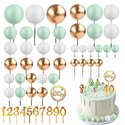 LMSHOWOWO 40 Stück Schaum Tortendeko Kugeln, Happy Birthday Cake Topper, 5 Größen Kuchen Dekoration mit Cupcake Topper 0-9, DIY Kuchen Topper für Hochzeit Geburtstag Babyparty (Grün Weiß Gold) von LMSHOWOWO