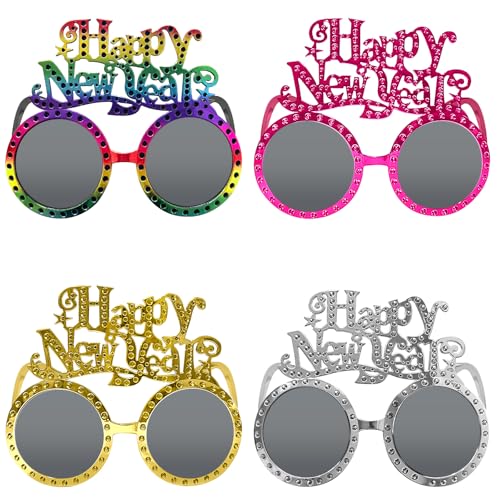 LMSHOWOWO Silvester Deko 2025, 4PCS Frohes Neues Jahr Brillen, Happy New Year Brillen, Silvester Brille, Happy New Year Partybrillen, für 2025 Neujahr Silvester Party Dekoration Foto Requisiten von LMSHOWOWO