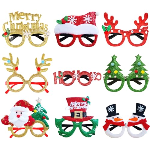 LMSHOWOWO 9 Stück Weihnachtsbrillen, Lustig Weihnachtsbrille Set, Glitterte Weihnachtsbaum Brillenrahmen, Kreative Weihnachten Brille Rahmen, Weihnachtsdeko für Weihnachsparty Kostüm Erwachsene Kinder von LMSHOWOWO