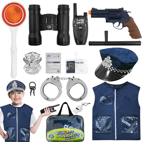 LMYEVYD Polizei Kostüm Kinder mit Polizei Ausrüstung Weste Hut, Walkie Talkie, Verkehrssignalanzeige, Polizei Uniform Kinder, Polizei Spielzeug für Karneval Halloween Kostüm Kinder von LMYEVYD