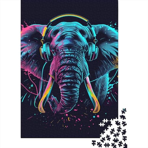 1000-teiliges Puzzle „Elefant mit Kopfhörern“ für Erwachsene und Teenager, Holzpuzzle, Geschenke für Heiligabend, 1000 Teile (75 x 50 cm) von LMYmoney