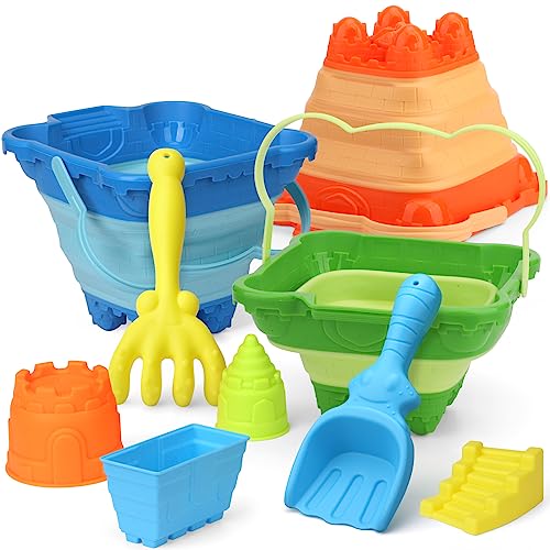 LNCOJOLM Strand Schloss Eimer Sand Spielzeug Faltbare Pails Set für Kinder, Faltbare Eimer Schloss Formen mit kleinen Plastikschaufeln Rake Spate Tool Kits, Geschenke für Kleinkind Jungen Mädchen von LNCOJOLM