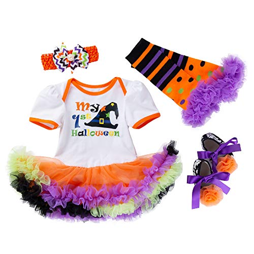 Halloween Kostüm Baby Mädchen Mein erstes Halloween Outfits Baby Strampler Tutu Rock Beinwärmer Schuhe Stirnband 4 Stück Set Weiß 66 von LNL