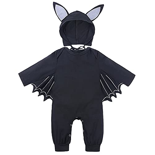 LNL Baby Halloween Kostüm Fledermaus mit Big Ear Hut Meine ersten Halloween Outfits Unisex Baby Strampler 2 Stück 12-18 Monate Schwarz von LNL