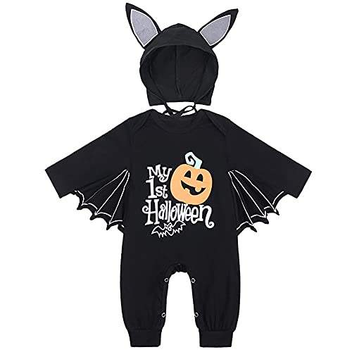 LNL Baby Halloween Kostüm Fledermaus mit Big Ear Hut Meine ersten Halloween Outfits Unisex Baby Strampler 2 Stück 6-12 Monate Schwarz von LNL