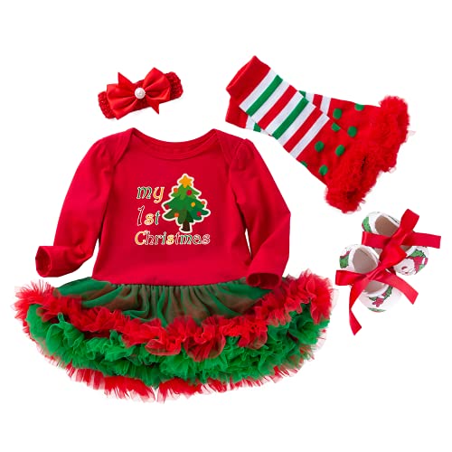 LNL Baby Weihnachtsoutfit Mädchen Mein erstes Weihnachten Baby Tutu Tüll Strampler Kleid mit Stirnband Beinlinge & Schuhe Rot Weihnachtsbaum 12-24 Monate von LNL