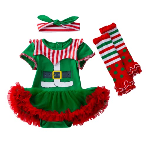 LNL Baby Weihnachtsoutfit Mädchen Mein erstes Weihnachten baby Tutu Tüll Strampler Kleid Elfenkostüm für Mädchen mit Stirnband Beinlinge 3-6 Monate von LNL