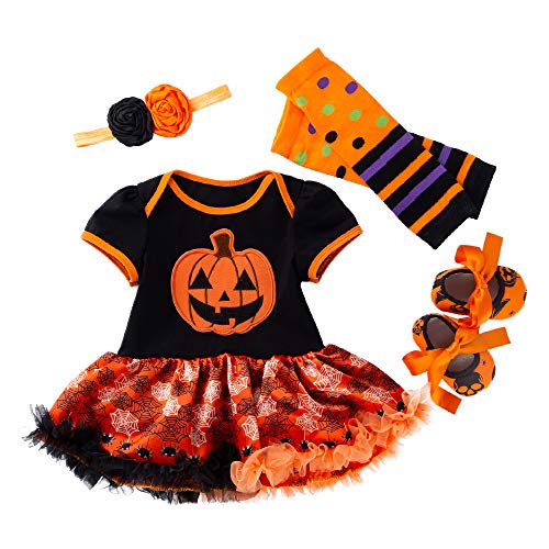 LNL Halloween Kostüm Baby Mädchen Mein erstes Halloween Outfits Kürbis Strampler Tutu Rock Beinwärmer Schuhe Stirnband 4 Stück Set Kürbis 59 von LNL