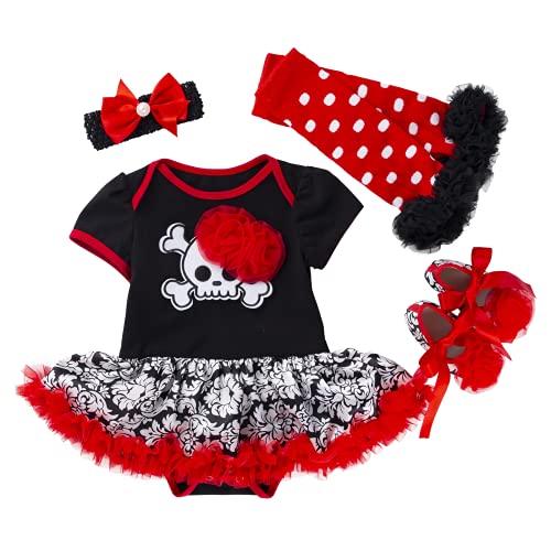 LNL Halloween Kostüm Baby Mädchen Mein erstes Halloween Schädel Outfits Kürbis Strampler Tutu Rock Beinwärmer Schuhe Stirnband 4 Stück Set Schädel 59 von LNL