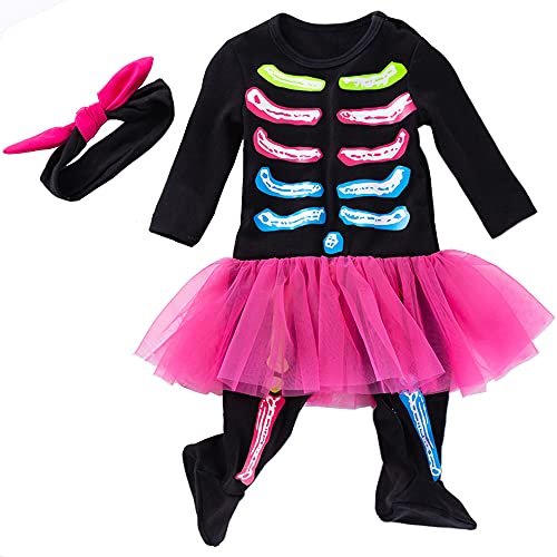 LNL Halloween Kostüm Baby Mädchen Mein erstes Halloween Skelett Outfits Kürbis Strampler Langarm Tutu Rock Stirnband 0-3 Monate von LNL