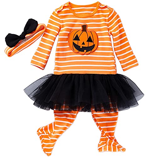 LNL Halloween Kostüm Baby Mädchen Mein erstes Halloween Skelett Outfits Kürbis Strampler Langarm Tutu Rock Stirnband 12-24 Monate von LNL