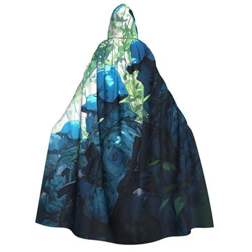 LNNIUK Blauer Camo1-Aufdruck, Zauberer-Kapuzenmantel, Umhang für Damen, Halloween, Hexe, Vampir, Zauberer, Rabe von LNNIUK