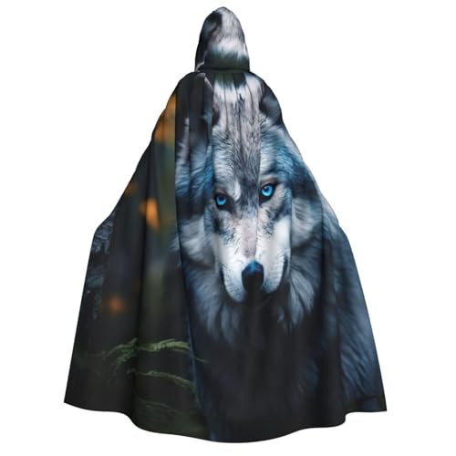 LNNIUK Blue Eyes Wolf1 Print Zauberer Kapuzenmantel mit Kapuze für Damen, Halloween, Hexe, Vampir, Zauberer, Rabe von LNNIUK