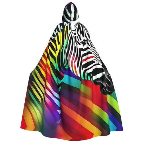 LNNIUK Farbenfroher Regenbogen-Zebra-Druck, Zauberer-Kapuzenmantel, Umhang für Damen, Halloween, Hexe, Vampir, Zauberer, Rabe von LNNIUK