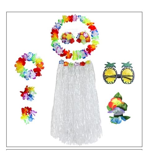 LNNXSZ Hawaii Hula Set 1 Set Kunststofffasern Mädchen Frau Hawaiian Gras Rock Kostüm Blume Hula-Rock 60 cm/80 cm Tanzkleid Party Hawaii Strand (Color : A-White set, Size : 80cm) von LNNXSZ