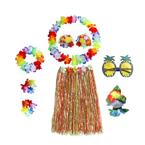 LNNXSZ Hawaii Hula Set 1 Set Kunststofffasern Mädchen Frau Hawaiian Gras Rock Kostüm Blume Hula-Rock 60 cm/80 cm Tanzkleid Party Hawaii Strand (Color : A3-8pcs 1 set, Size : 80cm) von LNNXSZ