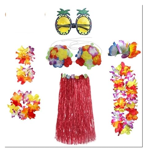 LNNXSZ Hawaii Hula Set 1 Set Kunststofffasern Mädchen Frau Hawaiian Gras Rock Kostüm Blume Hula-Rock 60 cm/80 cm Tanzkleid Party Hawaii Strand (Color : B- Red set, Size : 60cm) von LNNXSZ