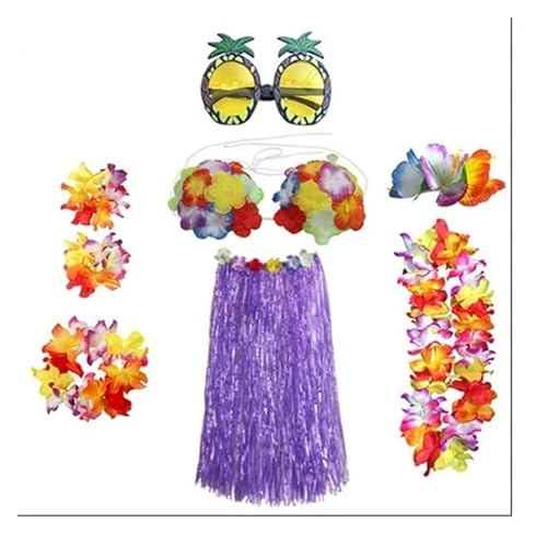 LNNXSZ Hawaii Hula Set 1 Set Kunststofffasern Mädchen Frau Hawaiian Gras Rock Kostüm Blume Hula-Rock 60 cm/80 cm Tanzkleid Party Hawaii Strand (Color : B-purple10, Size : 60cm) von LNNXSZ