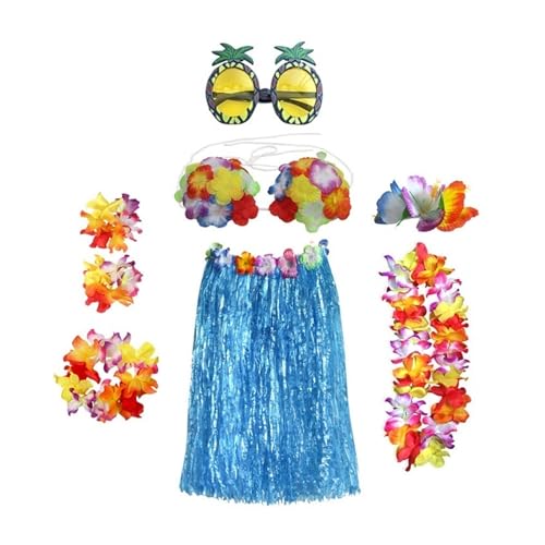 LNNXSZ Hawaii Hula Set 1 Set Kunststofffasern Mädchen Frau Hawaiian Gras Rock Kostüm Blume Hula-Rock 60 cm/80 cm Tanzkleid Party Hawaii Strand (Color : B1-8pcs 1 set, Size : 60cm) von LNNXSZ