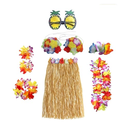 LNNXSZ Hawaii Hula Set 60 cm/80 cm 8 Stücke Kunststofffasern mädchen Frau Hawaiian Rock Gras kostüm Blumenrock Hula-tanzkleid Party Hawaii Strand (Color : Upgrade 1, Size : 60cm) von LNNXSZ