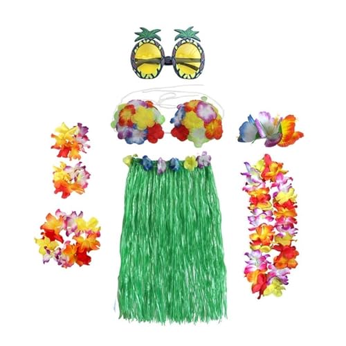 LNNXSZ Hawaii Hula Set 8 Teile/satz Kunststoff Fasern mädchen Frau Hawaiian Rock Gras Kostüm Blume Rock Sonnenbrille Hula-tanz kleid Party Hawaii Strand (Color : B-green, Size : 80cm) von LNNXSZ