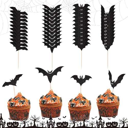 LNSYSNS 48 Stück Halloween Cupcake Toppers, Kuchen Deko Halloween, Fledermaus Deko Cupcake Topper, Glitzer Halloween Party Deko für Halloween-Partys, Geburtstagsfeiern, Familienfeiern von LNSYSNS