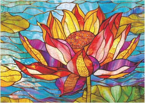 Puzzle 1000 Teile, Buntglas-Blumenpuzzle für Erwachsene, Bunte Lotusblumen-Papierpuzzles, unmögliches Kunstpuzzle, schwieriges, anspruchsvolles Mosaik-Blumenpuzzle ... 50 x 70 cm von LNTYW