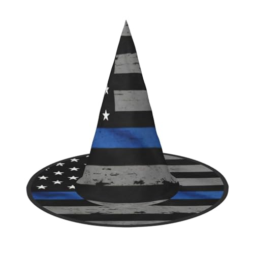 LNWZBEQI American Thin Blue Line Flag Print Halloween Hut für Frauen Erwachsene Hexen Cosplay Zubehör Faltbarer Spitzhut von LNWZBEQI