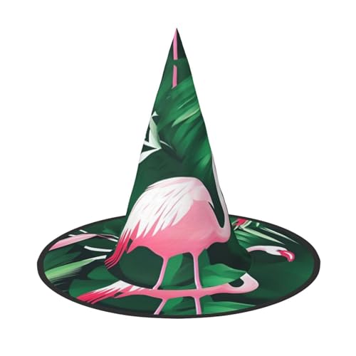 LNWZBEQI Flamingo Vogel Grünes Blatt Druck Halloween Hut für Frauen Erwachsene Hexen Cosplay Zubehör Faltbarer Spitzhut von LNWZBEQI