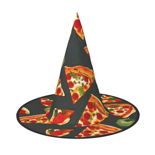 LNWZBEQI Pizza-Muster Druck Halloween Hut für Frauen Erwachsene Hexen Cosplay Zubehör Faltbarer Spitzhut von LNWZBEQI