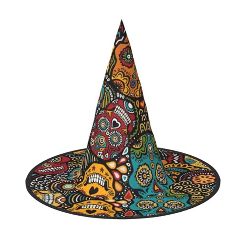 LNWZBEQI Sugar and Skulls Style Print Halloween Hat For Women Adult Hexen Cosplay Accessories, Foldable Pointed Hat von LNWZBEQI