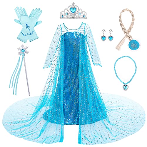 LOBTY Mädchen ELSA Prinzessin Kleid mit Accessoires Schneekönigin Verkleidung Kinder Prinzessin Kleid Halloween Karneval Geburtstag Party Weihnachten Cosplay Kostüm von LOBTY