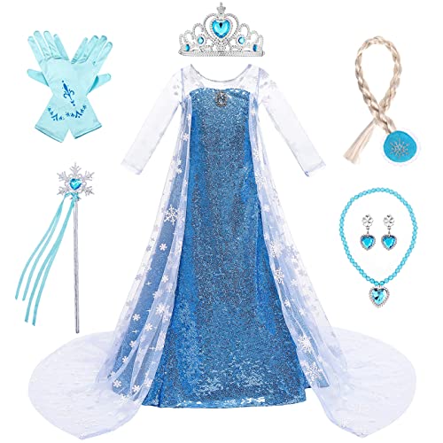 LOBTY Mädchen ELSA Prinzessin Kleid mit Accessoires Krone Halskette Handschuhe Schneekönigin Verkleidung Weihnachten Geburtstag Party Halloween Karneval Cosplay Kinder Prinzessin Kleid von LOBTY