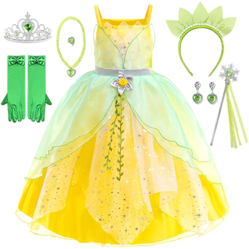 LOBTY Mädchen Tiana Prinzessin Kleid mit Accessoires Grüne Fee Verkleidung Kinder Tinkerbell Kostüm Feenkleid Weihnachten Geburtstag Party Halloween Karneval Cosplay Kostüm von LOBTY