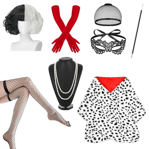 Cruella Kostüm Damen,Perücke Cruella Deville Kostüm,Halb Schwarz Halb Weiß Kurze Perücken,mit Faux Schal Handschuhe+Perückenkappe+Spitze Maske+Holder+Perlenkette Halskette Set für Halloween Karneval von LOEPENLE