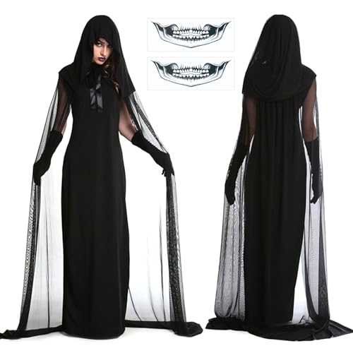 LOEPENLE Halloween Kostüm Damen Geister Schwarze Geisterbraut böse Königin,Karneval Ausführen Kostüme Erwachsene Vampir Lange Kleid Horror,Hexen Vampir Erwachsene Umhang mit Kapuze Halloween (XL) von LOEPENLE