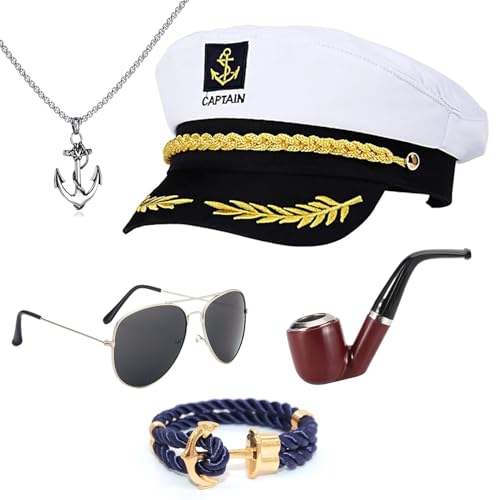 LOEPENLE Yacht Kapitän Hut Kapitänsmütze Kostüm Set,Verstellbare Yacht Schiff Boot Marine Mütze Mit Sonnenbrille,Kapitänsmütze für Erwachsene Damen Männer für Karneval Mottoparty Cosplay von LOEPENLE