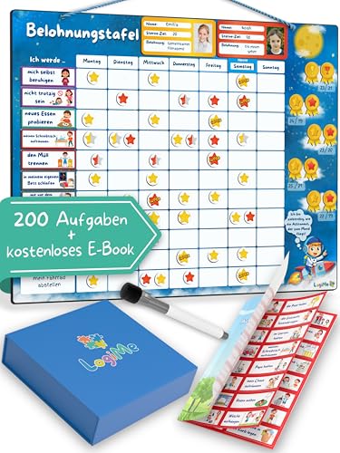 LOGIME® Belohnungstafel Kinder - inkl. 200 Aufgaben und 310 Magnete - XL Aufgabenplaner - Montessori Belohnungssystem - Wochenplaner ab 3 4 5 6 7 8 Jahre Sternchenplan für ADHS Magnettafel Belohnung von LOGIME