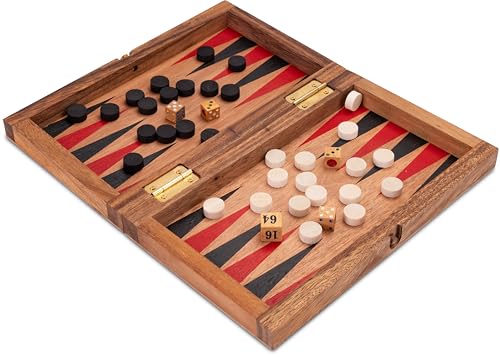 Backgammon + Dame Gr. M - aus Holz mit klappbarem Spielbrett 31 x 25 cm und rot/schwarzen Backgammon-Feldern Backgammon + Dame Gr. M - aus Holz mit klappbarem Spielbrett 31 x 25 cm und rot/schwarzen Backgammon-Feldern von LOGOPLAY