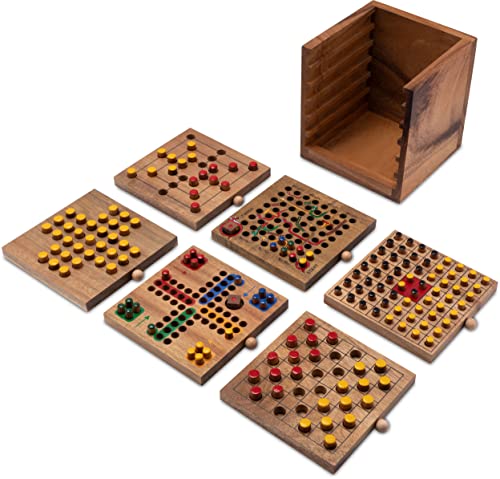 LOGOPLAY 403 – Spielesammlung 6 Spiele-Klassiker Solitär - Mühle - Schlange & Leiter - Dame - Ludo - Wende den Stein in Einer Box – aus Samena Holz von LOGOPLAY