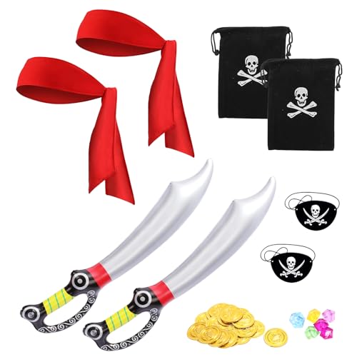 LOHAME 2 Set Piratenkostüm Kinder Piraten Kostüm Zubehör Piratenzubehör Pirat Bandana Augenklappe Goldmünzen Kristallstein von LOHAME