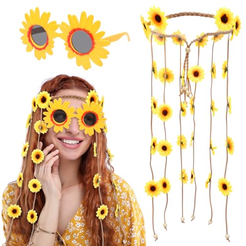 LOHAME 2 Stück Hippie Kostüm Set Sonnenblumen Haarschmuck Sonnenblume Sonnenbrille Hippie Accessoires Retro 60er 70er Kostümzubehör Blumen Stirnband Partybrille für Damen Mädchen Fasching Karneval von LOHAME