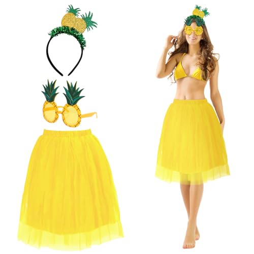 LOHAME 3tlg Ananas Kostüm Damen Hawaii Kostüm Accessoire Ananas Haarreif Sonnenbrille Gelb Tutu Tropischer Haarschmuck Hawaiian Kostüm Zubehör für Erwachsene Kinder Hawaii Party Strandparty Sommer von LOHAME